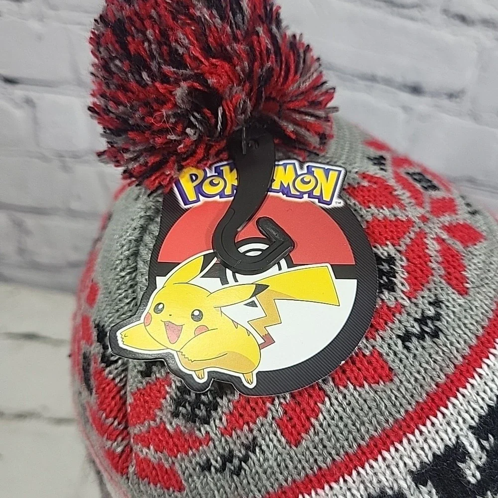 Pokemon‎ Pokeball Bioworld Beanie Cap Fair Isle Pompom Gray Ski Cap O/S Ages 14+